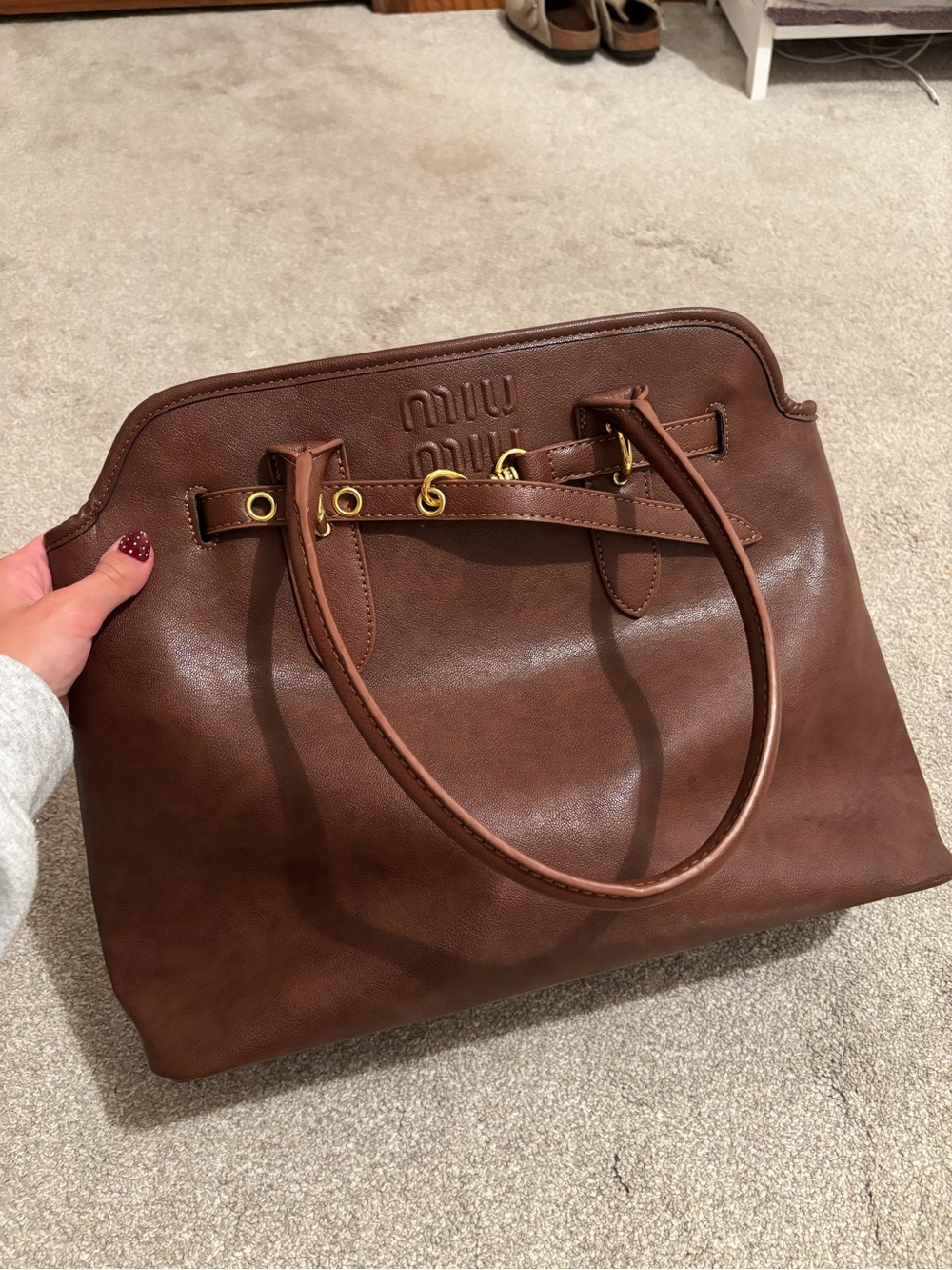 Miu Miu Chocolate Brown Leather Tote with Gold-Tone Hardware
